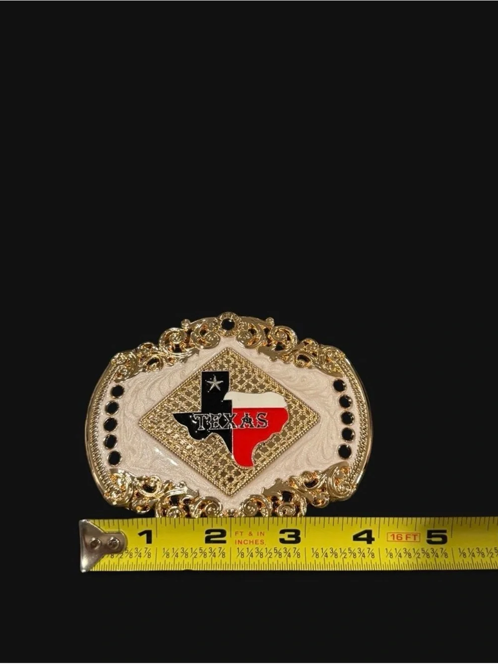 Gold Texas State Western Belt Buckle - Red, Black & White Accent